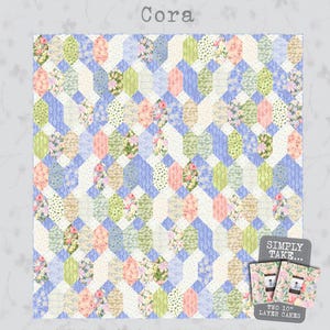 Op de afbeelding: Een quiltpatroon van Janet Clare, getiteld "Cora", met een geometrisch ontwerp met bloemen- en effen stofblokken in pastelkleuren. De afgewerkte quilt afmetingen zijn 206 x 217 cm. Het patroon vereist twee 25 cm "layer cakes".