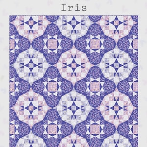 May include: A quilt with a repeating geometric pattern in shades of purple, white, and pink. The design features star and square shapes. The text "Janet Clare Iris" is at the top. Finished quilt dimensions are 81 x 90 inches.