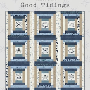 Könnte beinhalten: Ein Quiltmuster namens "Good Tidings" von Janet Clare. Der Quilt besteht aus neun Blöcken, die jeweils mit einem anderen Wort oder Spruch bestickt sind. Die Wörter sind "Peace", "Hope", "Come Alive", "Awe", "Learn", "Thank You" und "Love". Der Quilt ist 66 Zoll mal 66 Zoll groß.