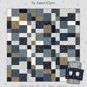 Może przedstawiać: Wzór patchworkowy o nazwie "Strewn" autorstwa Janet Clare. Wzór zawiera patchwork z niebieskimi, brązowymi i białymi kwadratami. Gotowy koc ma wymiary 86 cali na 86 cali.