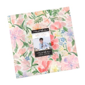 May include: A square fabric panel featuring a floral design in pink, peach, green, and blue hues. The fabric is labelled "Sweet Cecily" by Janet Clare, with the Moda Fabrics + Supplies logo.