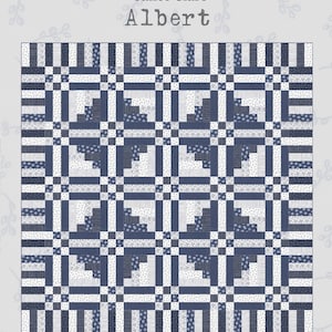 May include: A quilt pattern called "Albert" by Janet Clare. The quilt is made up of blue and white squares and is 74 inches by 74 inches.