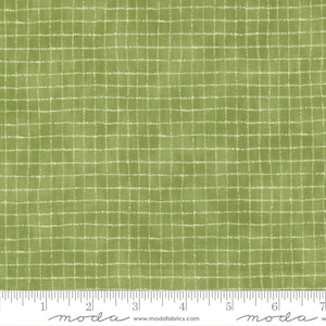 May include: Green fabric with a white grid pattern. The fabric has a subtle texture and a slightly faded look. The fabric is measured in inches.