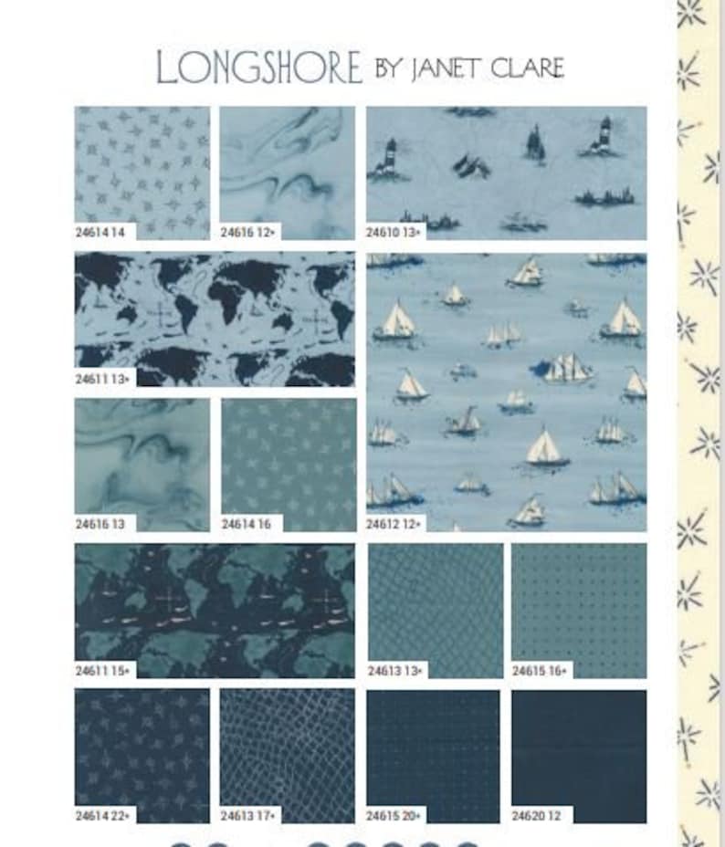 May include: A collection of 12 fabric squares featuring a nautical theme with various patterns including stars, maps, and nets. The fabric squares are labelled with numbers and names. The fabric is blue and white.
