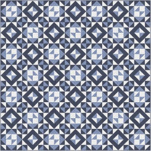 May include: A geometric quilt pattern with a repeating design of diamonds, squares, and triangles in shades of blue and white. The quilt has a symmetrical layout, creating a visually appealing and balanced composition. Suitable for home decor.