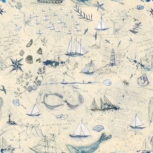 May include: A vintage nautical map with a cream background and blue ink. The map features a variety of nautical elements, including ships, whales, lighthouses, seashells, and stars. The map also includes handwritten text and notes, giving it a vintage and antique feel.