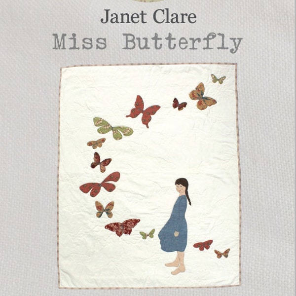 Modèle de courtepointe Miss Butterfly - Téléchargement PDF - une courtepointe appliquée sereine avec une jolie fille debout au milieu d'un tourbillon de papillons