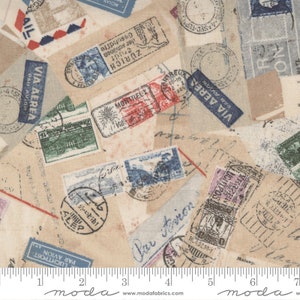 May include: A beige fabric with a repeating pattern of vintage postage stamps and handwritten notes. The stamps are in various colors, including red, blue, green, and brown. The notes are in black ink and are mostly illegible. The fabric has a subtle texture and a slightly distressed look.