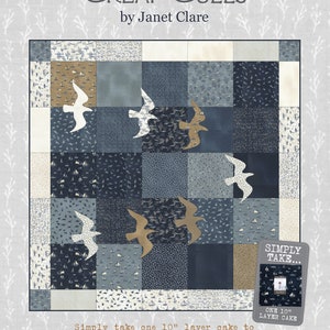 May include: A quilt pattern named "Great Gulls" by Janet Clare. The design showcases a patchwork of blue, beige, and white fabrics with appliqued seagull shapes. The finished quilt dimensions are 145 x 145 cm.