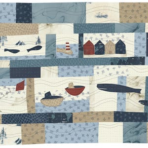 May include: A patchwork quilt in shades of blue, beige, and white, depicting a seaside scene. The design incorporates whales, boats, lighthouses, houses, and a seagull. The quilt is made from rectangular and square fabric pieces, creating a textured appearance.