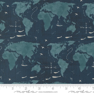May include: A blue fabric with a repeating pattern of a world map, compass, and seagulls. The fabric has a textured, linen-like appearance.