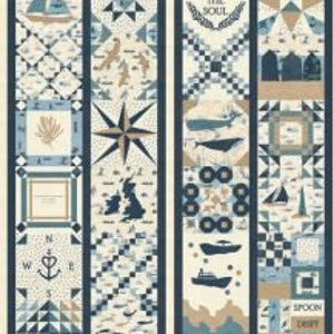 May include: A fabric panel with a nautical theme featuring a compass, anchors, boats, and the text "Hope Anchors the Soul". The panel is in shades of blue, white, and brown.