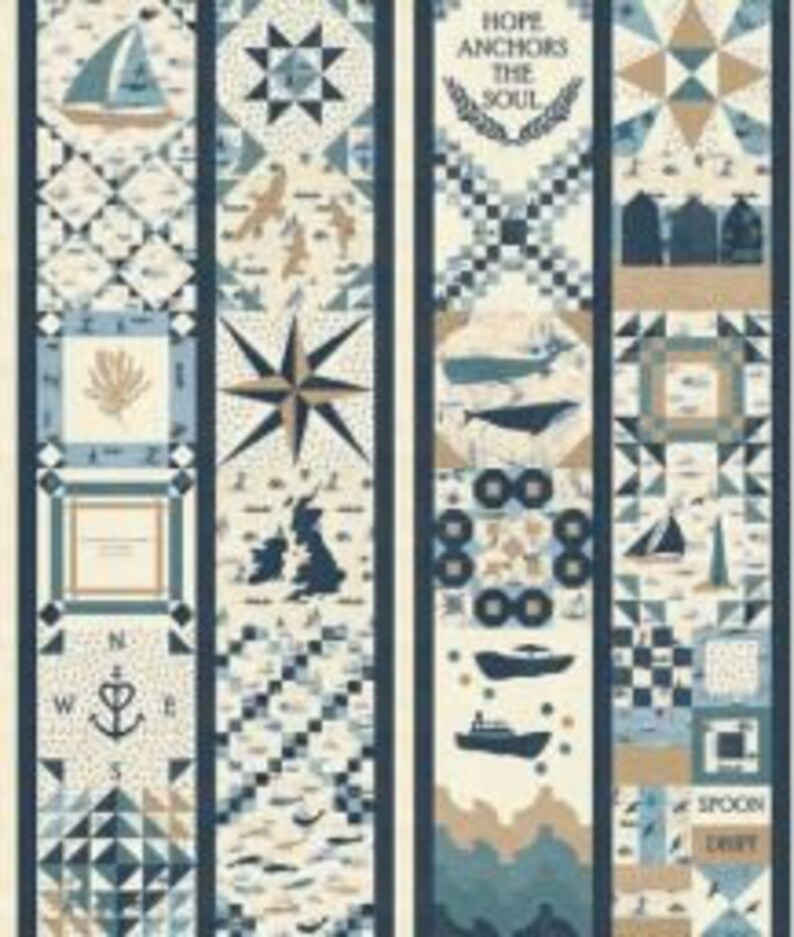 May include: A fabric panel with a nautical theme featuring a compass, anchors, boats, and the text "Hope Anchors the Soul". The panel is in shades of blue, white, and brown.