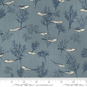 May include: A blue fabric with a white and blue pattern of fish and seaweed. The fabric has a subtle texture and a light blue background. The pattern is repeated throughout the fabric. The fabric is measured in inches.