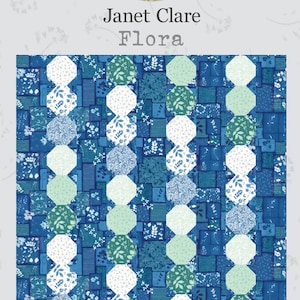 May include: A blue and white quilt with a floral pattern. The quilt features octagonal shapes in white, green, and blue, set against a blue background. The finished quilt dimensions are 68 x 68 inches. The quilt is from Janet Clare.