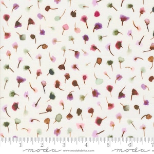 May include: White fabric with a repeating pattern of small, watercolour-style flowers in shades of pink, purple, brown, and green.