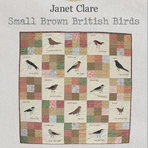 May include: A quilt featuring a patchwork design of small brown British birds. Each bird is surrounded by a square of fabric with a different pattern. The quilt is 46 inches by 46 inches.