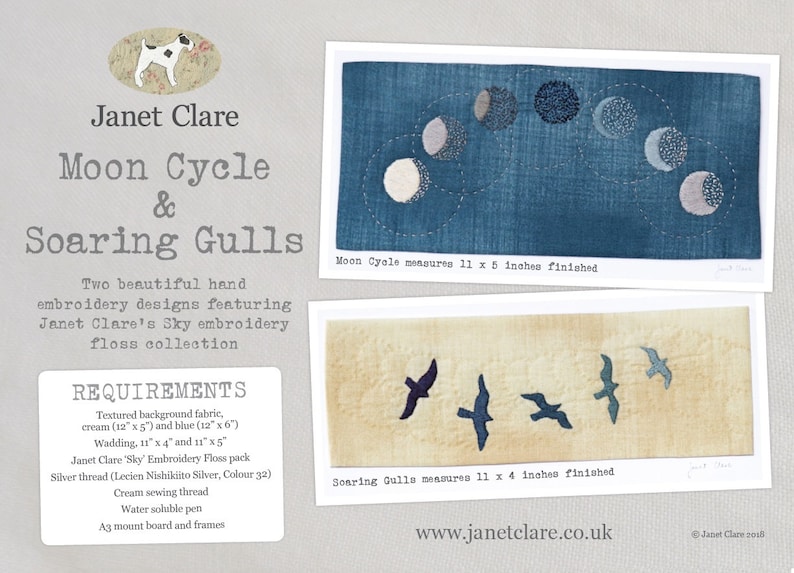 Two beautiful embroidery pictures Moon Cycle and Soaring Gulls with this kit from Janet Clare Sky Embroidery Pictures Kit