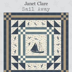 Op de afbeelding: Een nautisch thema quilt met een zeilboot en zeemeeuwen ontwerp. De quilt heeft een centraal vierkant met een zeilboot, omringd door blauwe en bruine geometrische patronen. De afmetingen van de afgewerkte quilt zijn 173 x 173 cm.