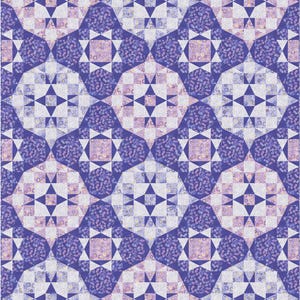 May include: A quilt featuring a repeating geometric pattern of stars and octagons. The design incorporates various shades of purple, lavender, and white, with floral and small-scale ditsy prints alternating between the star and octagon shapes.