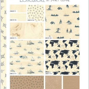 May include: A collection of fabric swatches featuring nautical themes. The swatches include patterns of stars, ships, lighthouses, and maps. The fabric is a light beige colour with blue and black accents. The fabric swatches are labelled with numbers and names, such as "Longshore by Janet Clare".
