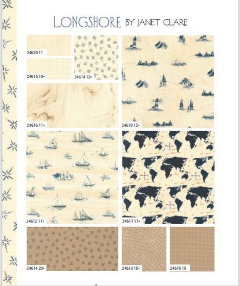 May include: A collection of fabric swatches featuring nautical themes. The swatches include patterns of stars, ships, lighthouses, and maps. The fabric is a light beige colour with blue and black accents. The fabric swatches are labelled with numbers and names, such as "Longshore by Janet Clare".