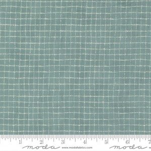 May include: A close-up of a light blue fabric with a white grid pattern. The fabric has a subtle texture and a slightly faded look. The fabric is measured in inches.