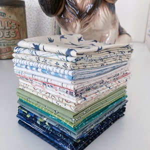 May include: A stack of 20 fabric squares in various shades of blue, green, and white with a repeating pattern of birds and nautical designs.