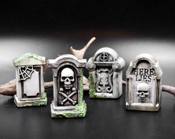 Mini Cement Tombstones - Set Of 4 Tombstones |  Indoor Outdoor Tombstones | Gothic Decor | Cemetery Decor | Concrete Garden Decor