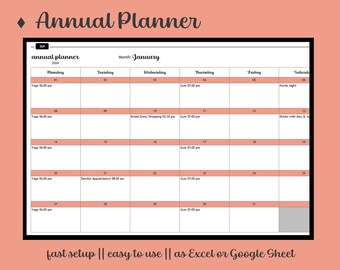 annual planner,  calender,  task manager, to-do list, planner, monthly, annual, Excel, spreadsheet, digital, easy, productive, template