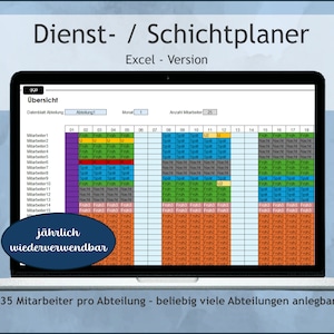 Può includere: Uno schermo di laptop che mostra un foglio di calcolo con un programma colorato per 35 dipendenti. Il foglio di calcolo è intitolato "Dienst- / Schichtplaner" e "Excel - Version". Il foglio di calcolo è etichettato "Übersicht" e include colonne per "Datenblatt Abteilung", "Abteilung", "Monat", "Anzahl Mitarbeiter" e i giorni del mese. Il foglio di calcolo è progettato per essere utilizzato per la pianificazione dei turni dei dipendenti.