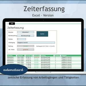 May include: A screenshot of a computer screen showing a time tracking software application. The application is called "Zeiterfassung" and is in German. The application has a form for entering time tracking information, including user, job, task, start time, end time, and status. The application also has a button to "book" the time tracking information.