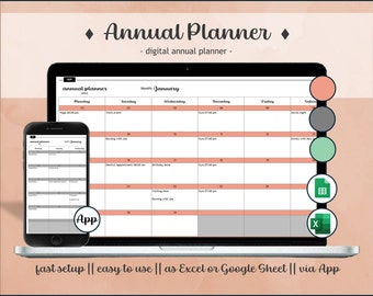 Jahresplaner, Kalender, Aufgabenplaner, Jahreskalender, To-Do Liste, Planer, Monatsplaner, Excel, Tabelle, digital, App, produktiv, Vorlage