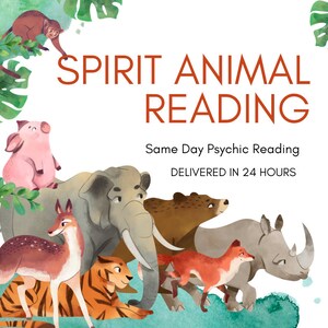 May include: A watercolor illustration of a variety of animals, including a pig, elephant, deer, tiger, bear, fox, and rhinoceros. The animals are surrounded by green foliage and the text "SPIRIT ANIMAL READING" in orange. The text "Same Day Psychic Reading DELIVERED IN 24 HOURS" is also included.