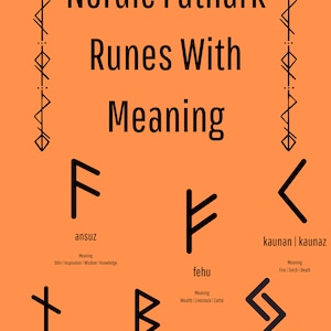 Könnte beinhalten: Ein orangefarbener Hintergrund mit schwarzem Text und Illustrationen der nordischen Futhark-Runen. Jede Rune ist mit ihrem Namen und ihrer Bedeutung beschriftet. Die Runen sind: Ansuz (Odin | Inspiration | Weisheit | Wissen), Naudiz (Schicksal | Transformation | Notwendigkeit), Berkanan (Wachstum | Erneuerung | Fruchtbarkeit | Geburt), Fehu (Reichtum | Vieh | Rinder), Kaunan (Feuer | Fackel | Tod) und Jera (Erde | Ernte | Geduld | Zyklen).