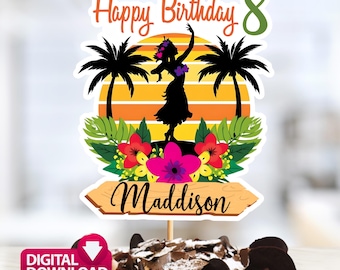 Puede incluir: Un adorno para pastel colorido con temática tropical. El diseño presenta una silueta de una mujer bailando, palmeras y flores contra un fondo de puesta de sol. El texto incluye "Happy Birthday 8" y el nombre "Maddison".