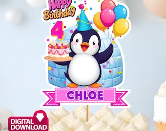 Penguin Girl Birthday Cake Topper EDITABLE Printable/ Pink Christmas Penguin Winter Wonderland Cake Topper Party Printable