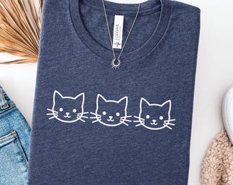 Three Cats T-Shirt: Cute Cat Mom Gift, Minimalist Pet Owner Tee, Aesthetic Line Art Kitten Shirt for Women, Simple Kitty Graphic Tee for Her