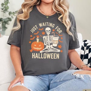 Just Waiting for Halloween Shirt, Funny Skeleton Pumpkin T-shirt