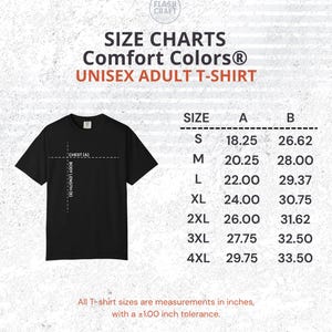 K&ouml;nnte beinhalten: Schwarzes Unisex-Erwachsenen-T-Shirt mit Gr&ouml;&szlig;entabelle. Die Tabelle zeigt Brust- und K&ouml;rperl&auml;ngenma&szlig;e in Zoll f&uuml;r die Gr&ouml;&szlig;en S bis 4XL. Der Text lautet "Comfort Colors&reg; UNISEX ADULT T-SHIRT".