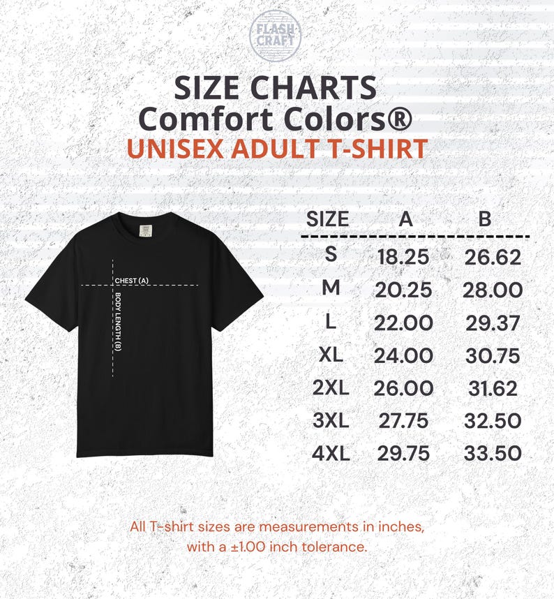 K&ouml;nnte beinhalten: Schwarzes Unisex-Erwachsenen-T-Shirt mit Gr&ouml;&szlig;entabelle. Die Tabelle zeigt Brust- und K&ouml;rperl&auml;ngenma&szlig;e in Zoll f&uuml;r die Gr&ouml;&szlig;en S bis 4XL. Der Text lautet "Comfort Colors&reg; UNISEX ADULT T-SHIRT".