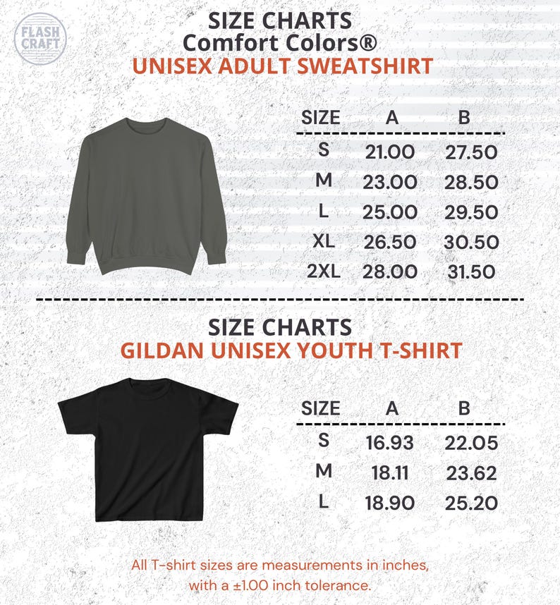 K&ouml;nnte beinhalten: Gr&ouml;&szlig;entabellen f&uuml;r Comfort Colors Unisex-Erwachsenen-Sweatshirts und Gildan Unisex-Jugend-T-Shirts. Das Sweatshirt f&uuml;r Erwachsene ist olivgr&uuml;n, das T-Shirt f&uuml;r Jugendliche ist schwarz. Ma&szlig;e in Zoll, mit einer Toleranz von &plusmn;2,54 cm.
