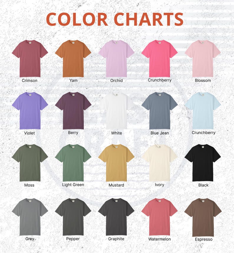 K&ouml;nnte beinhalten: Eine Farbkarte mit T-Shirts in verschiedenen Farben, darunter Crimson, Yam, Orchid, Crunchberry, Blossom, Violet, Berry, White, Blue Jean, Moss, Light Green, Mustard, Ivory, Black, Grey, Pepper, Graphite, Watermelon und Espresso.