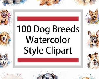 May include: Watercolor style clipart featuring 100 different dog breeds. Each dog is depicted in a colorful watercolor style with a white background.