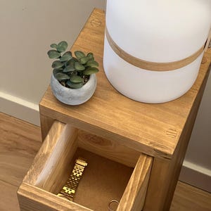 May include: A wooden bedside table with a drawer that is open, revealing a gold watch and a ring. A small potted succulent plant sits on the top shelf, next to a white lamp with a wooden base.