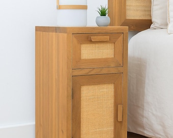 Narrow Wooden Bedside Table, Narrow Wooden Bedside Table, Contemporary Rattan Décor, Minimalist Wood End Table, Scandi Bedside Cabinet