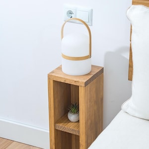 May include: A wooden bedside table with a shelf and a small plant on the shelf. A white lamp with a wooden handle sits on the top shelf.