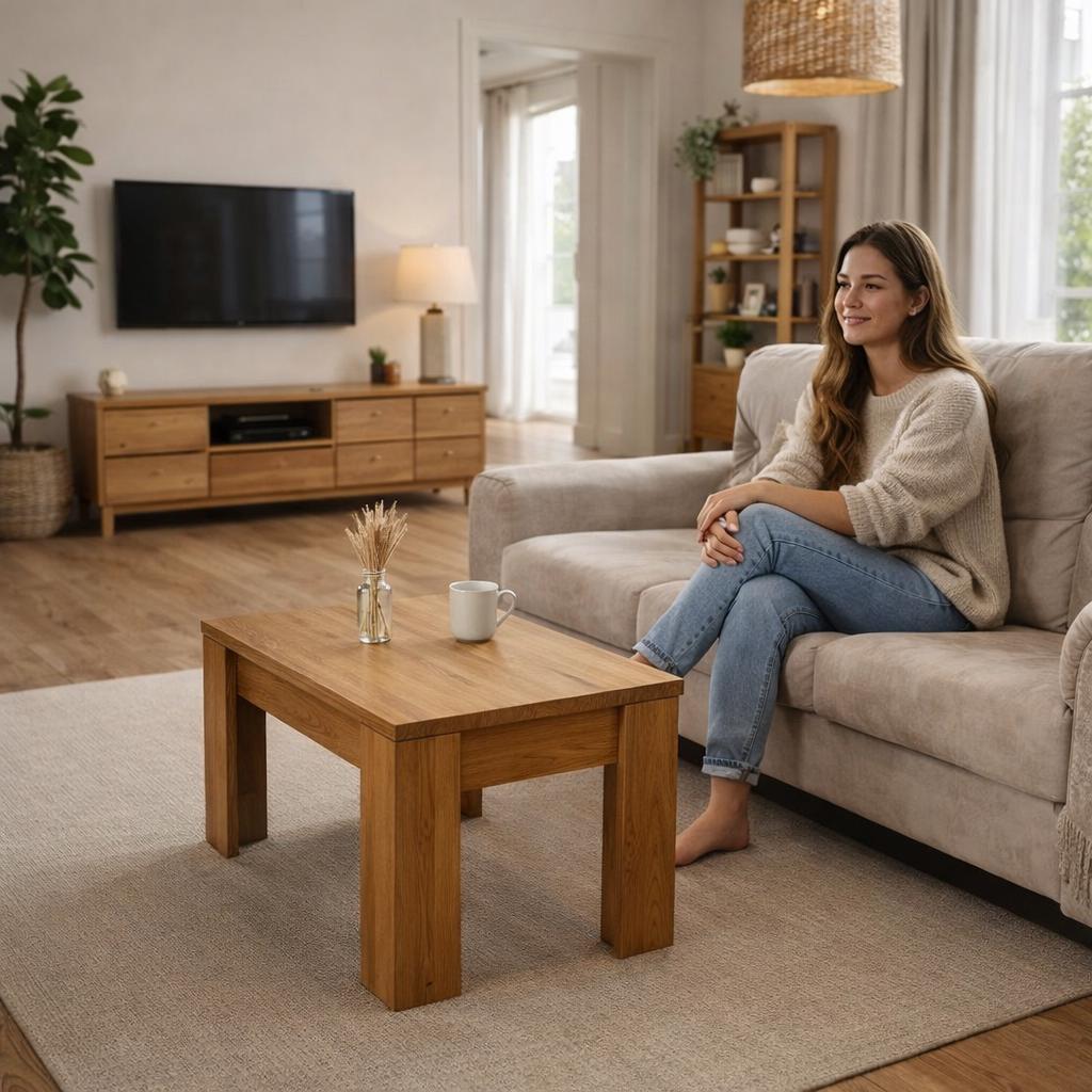 Table basse relevable, table basse en bois, table avec refroidisseur à vin, table à manger en bois massif, table basse relevable