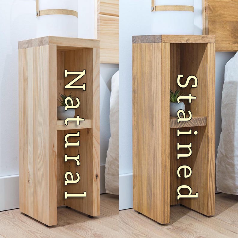 May include: Two wooden nightstands with two shelves each. The nightstand on the left is natural wood and the nightstand on the right is stained wood. Both nightstands have the words "Natural" and "Stained" written on them.
