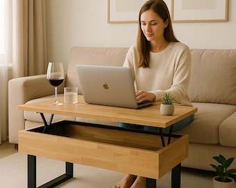 Lift-up coffee table for living room, lift-up coffee table for living room, multifunction side table, lift-up table for eating on the sofa, oak side table,